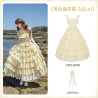 With PUJI - Foam Rain - Lolita OP Dress, Ruffle Trim & Square Neckline - Yellow dress 2-piece set (yellow dress + yellow flower ball) Pre-sale In stock / S