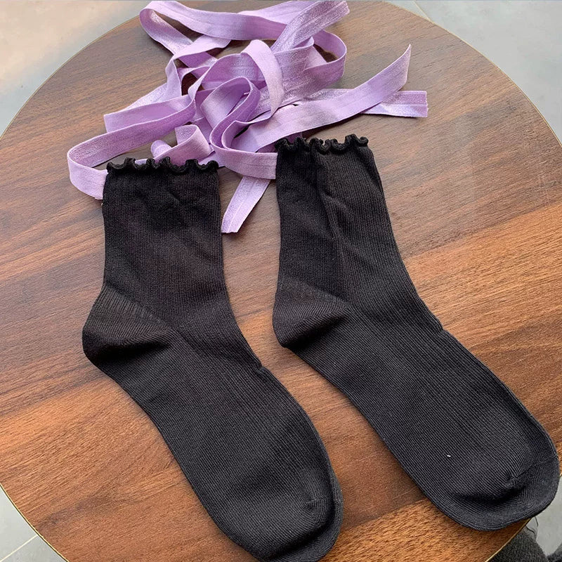 Floral Milk Cat - Cross-Strap Y2K - Thin Calf Socks with Criss-Cross Tie Straps