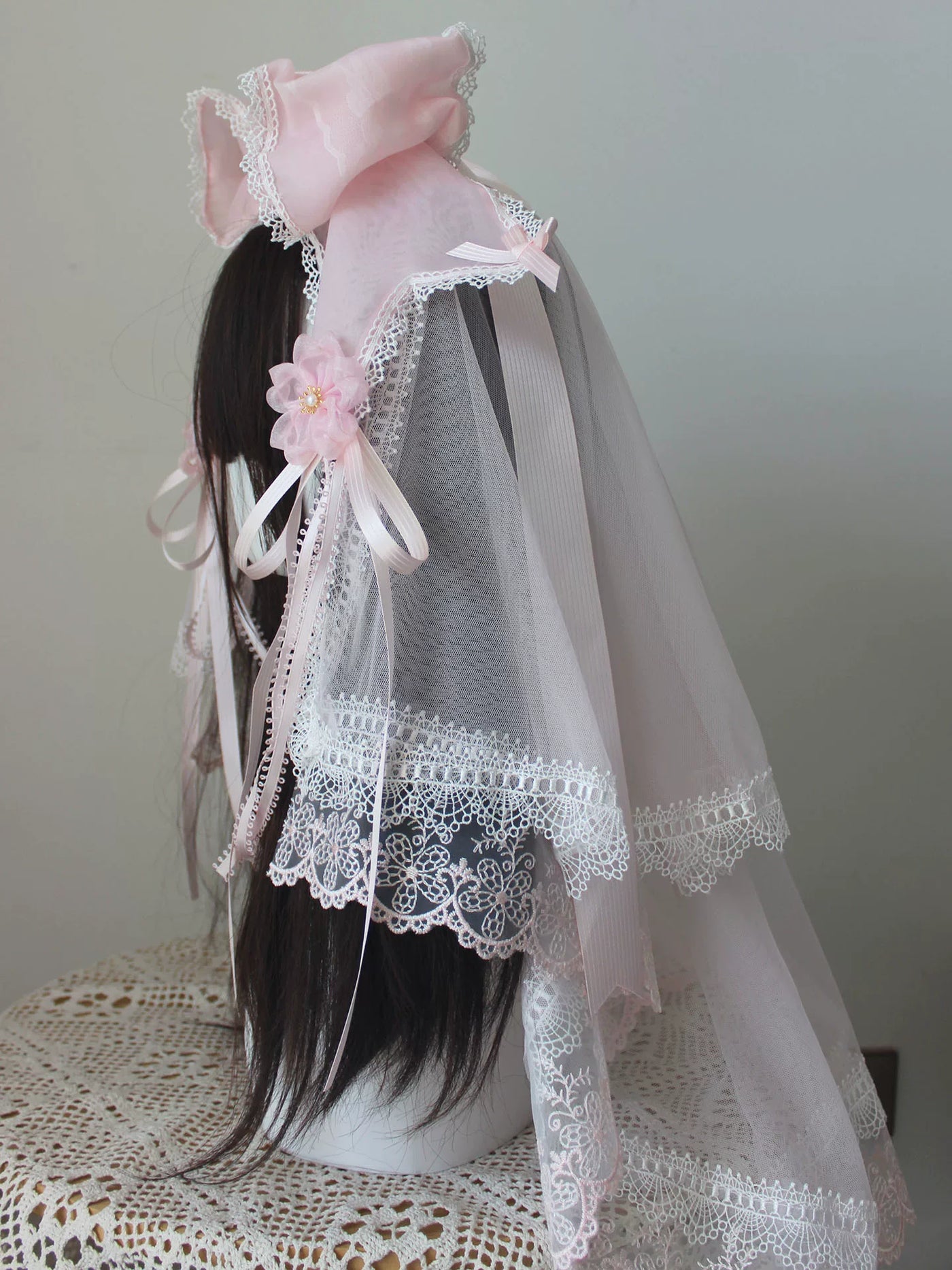 Deer Girl Handmade - Cherry Blossom Confession - Headwear with pink bow and lace-trimmed veil options