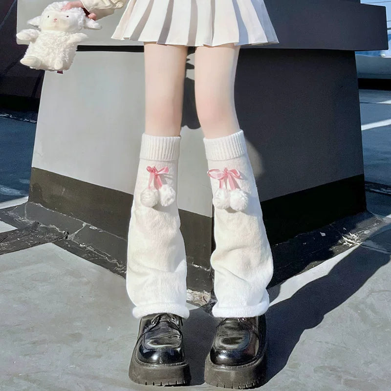Floral Milk Cat - Pom-Pom Slouch - Socks with Long Knit Leg Warmers and Pom-Pom Accents