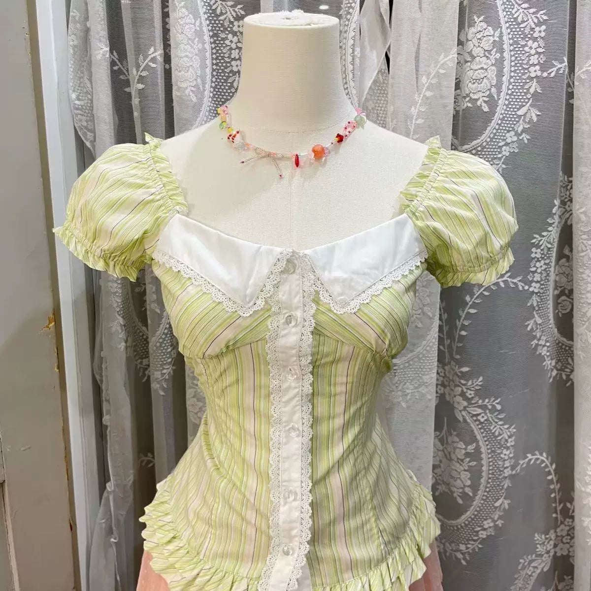Sweetheart Dream Machine - Vintage Stripe - Green Striped Short-Sleeve Top with Lace Collar