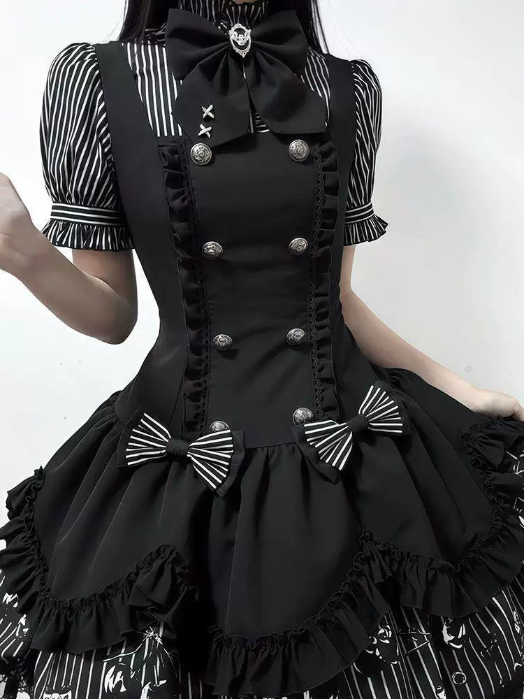 Sweetheart Dream Machine - Dark Sequence Ballad - Black-and-white striped JSK coordinate with puff sleeves