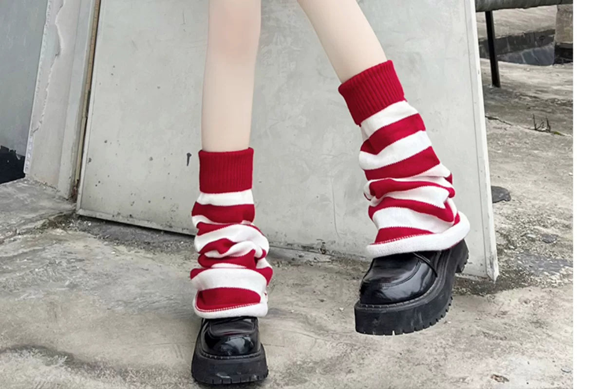 Floral Milk Cat - Christmas Stripe - Leg-Warmer Socks with Red Cuffs