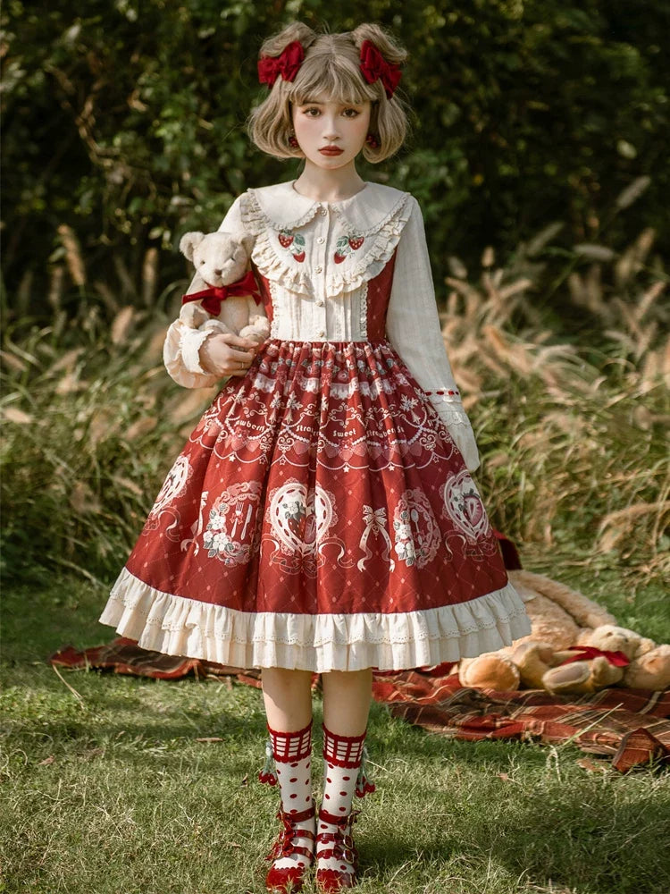 Your Princess - Strawberry Diary - Sweet Lolita Strawberry Print OP Dress with Cape