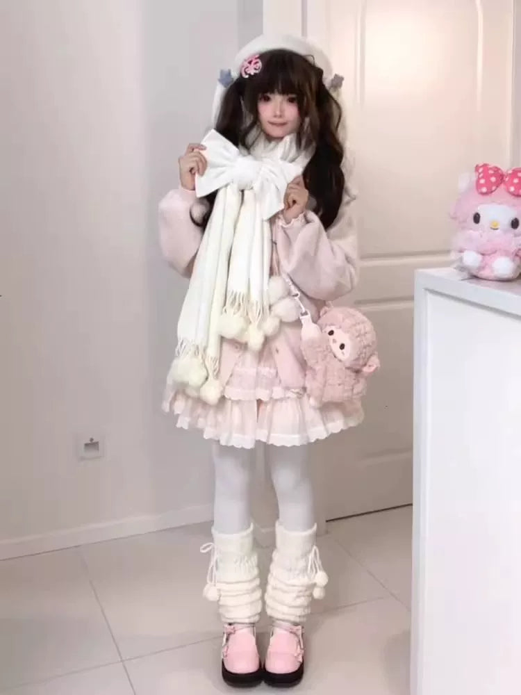 Creamy - Retro Nana - Cardigan, Skirt and Scarf Three-Piece Set with an Oversized Bow