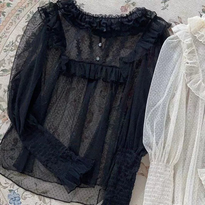 Sweetheart Dream Machine - Vintage Lace Mesh - Ruffle-Front Long-Sleeve Blouse
