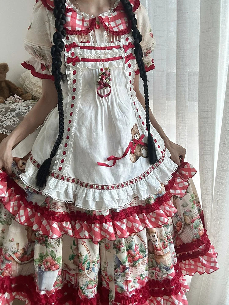 Dream Bunny - December Strawberry Field - Strawberry-Print One-Piece Dress with Red Gingham Ruffles