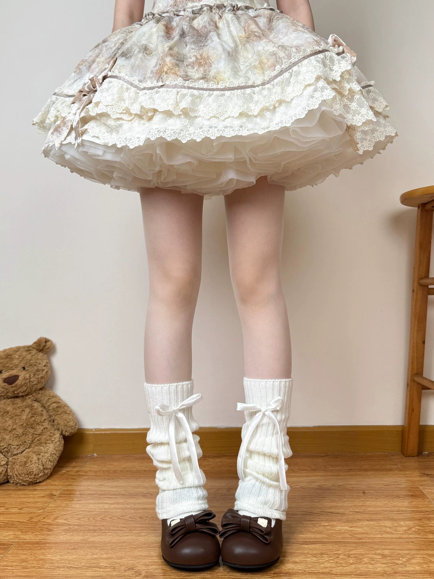 Chubby Bear Tales - Ribbed Bow - Ribbed leg warmers with white ribbon bows