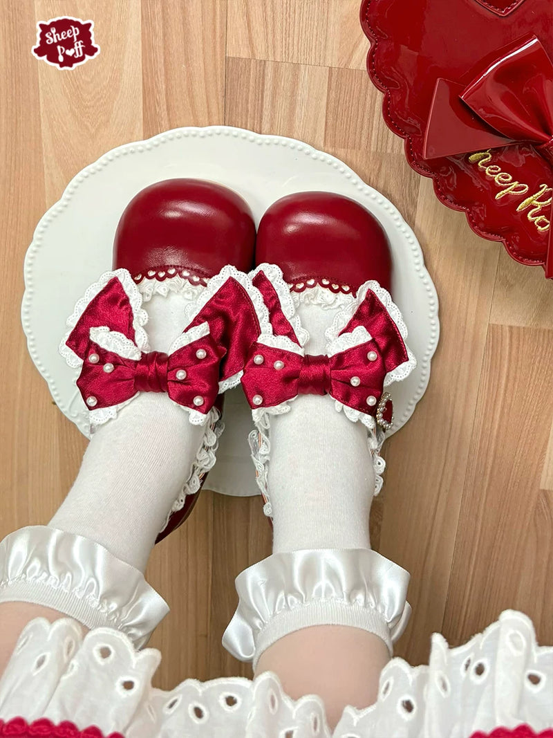 Sheep Puff Pearl Candy Mid Heel Lolita Shoes featuring white color, pearl embellishments, and a cute, feminine design.