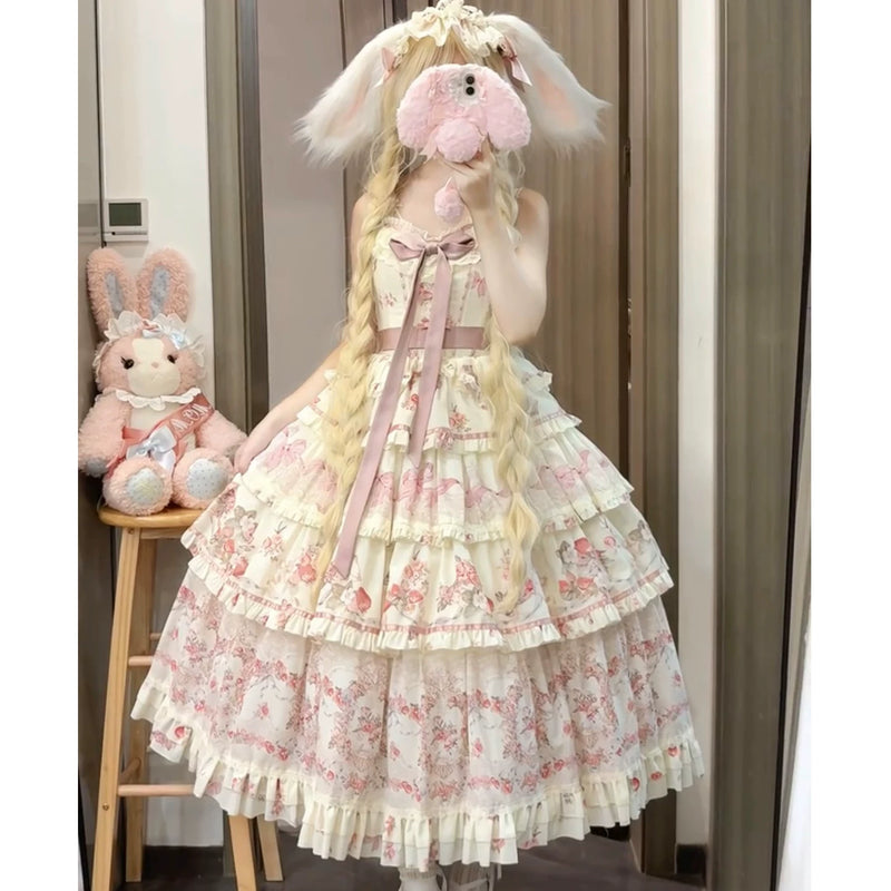 Xiao Xin - Secret Garden - Floral JSK suspender dress with tiered ruffles