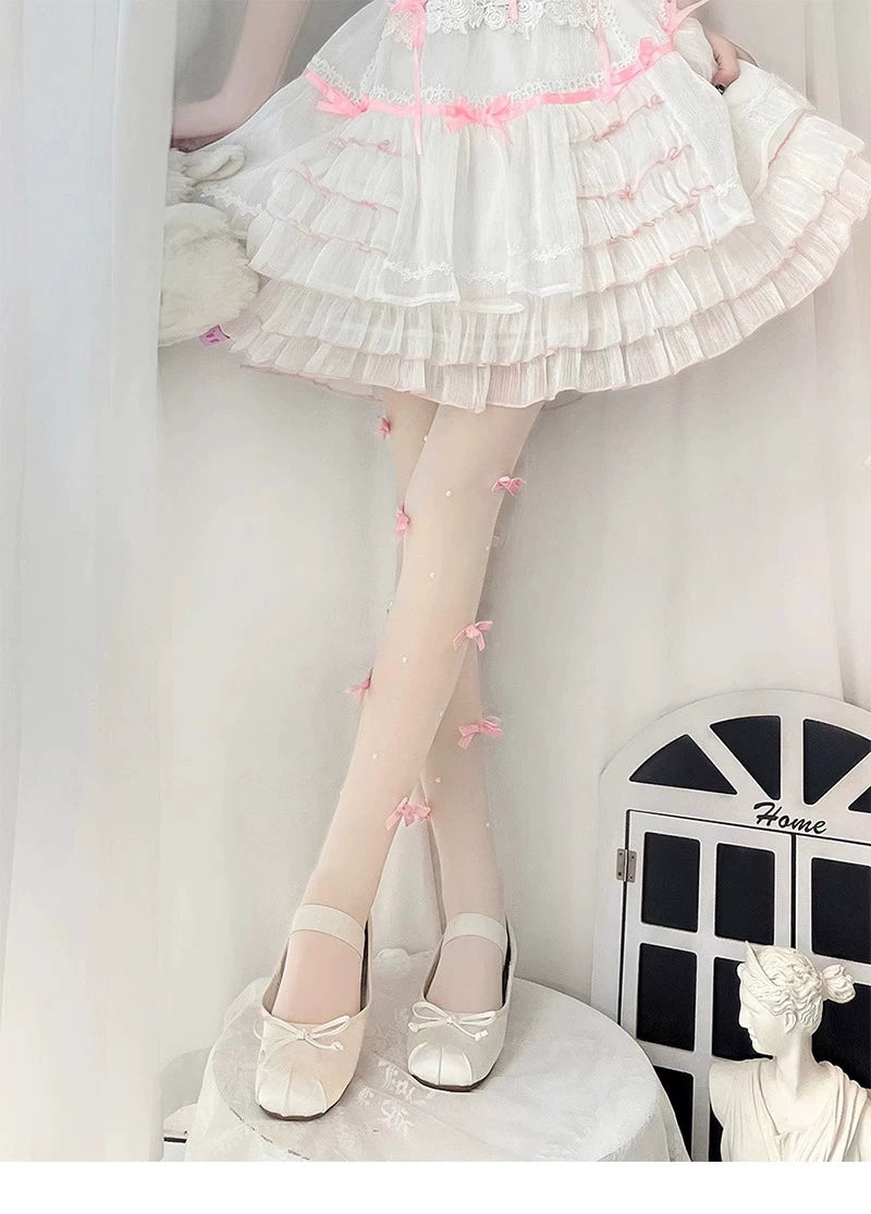 Floral Milk Cat - Ribbon Bow Sheer - Snag-Resistant Pantyhose with Ribbon Bows