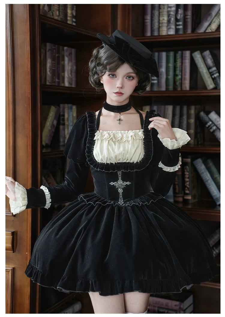 With PUJI - Apocalypse - Gothic Lolita Velvet OP Dress Set, Fishbone Waist