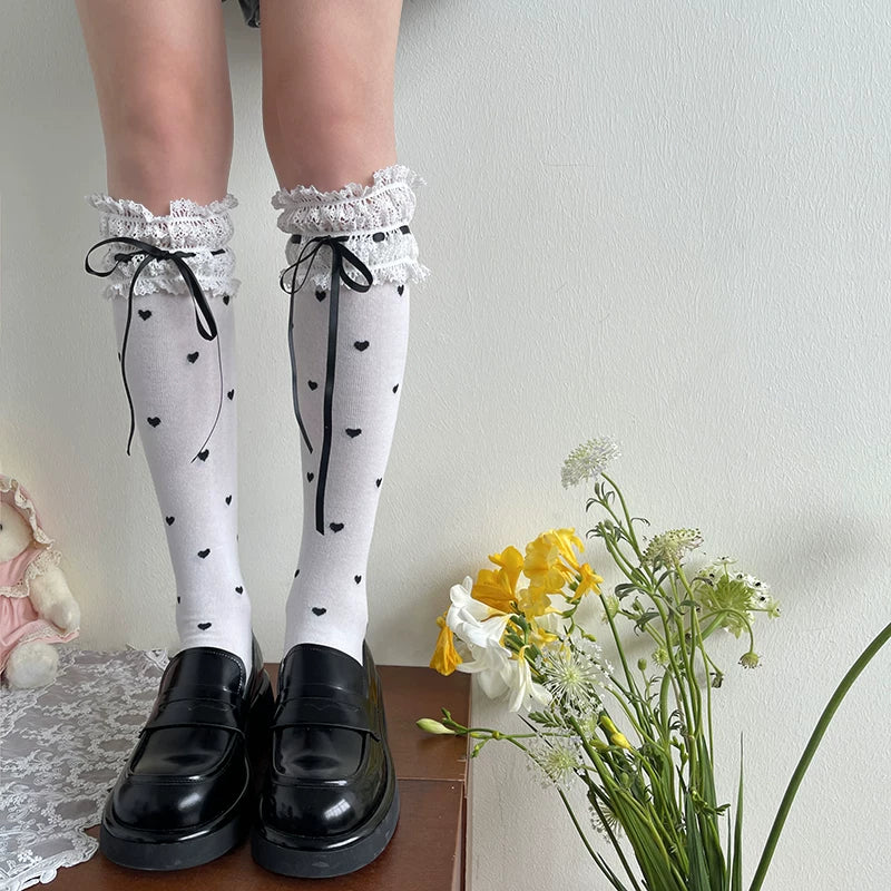 Sock Noble - Heart Ribbon Lace - White Mid-Calf Socks with Velvet Ribbon Ties