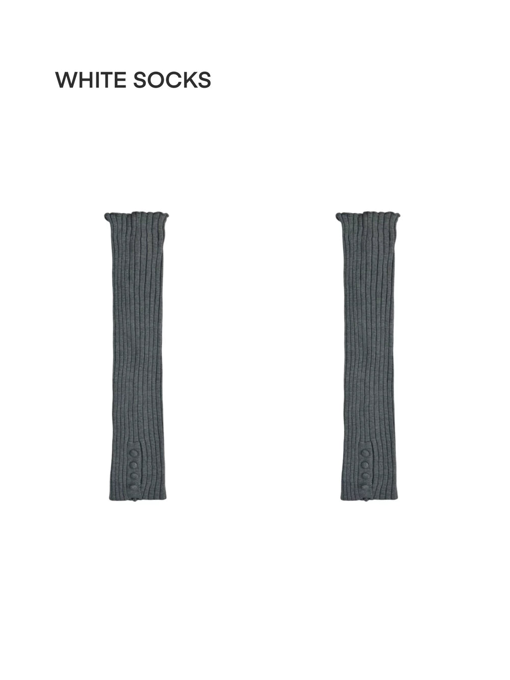 Grey and black ribbed slouch socks shown in layered styling and a rear view.