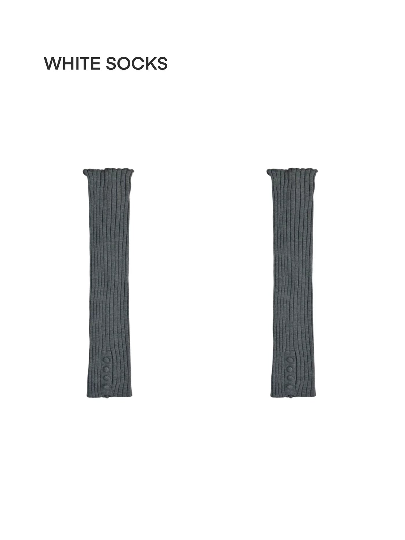 Grey and black ribbed slouch socks shown in layered styling and a rear view.