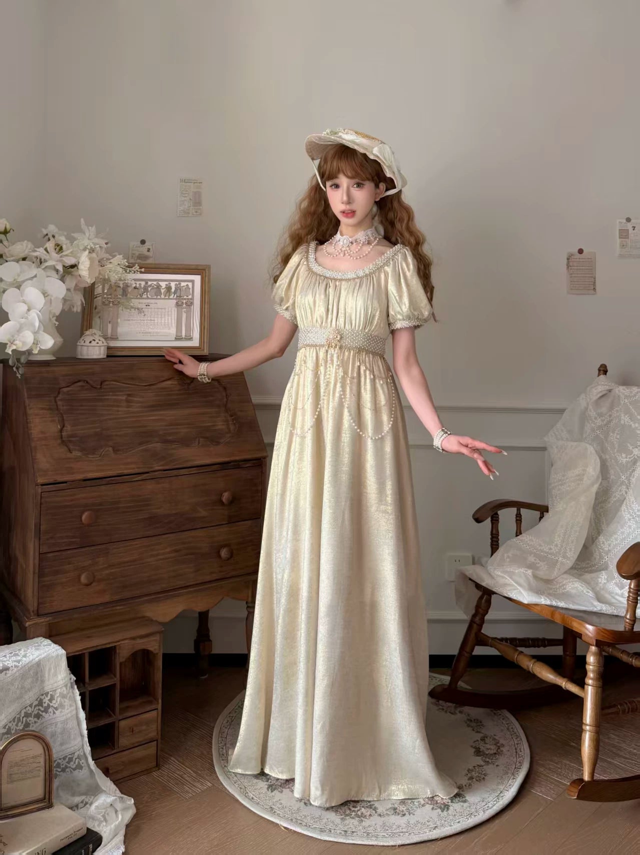 Thousand Wood - Moonlight Amber - Long OP Dress with Empire Waist and Beaded Trim