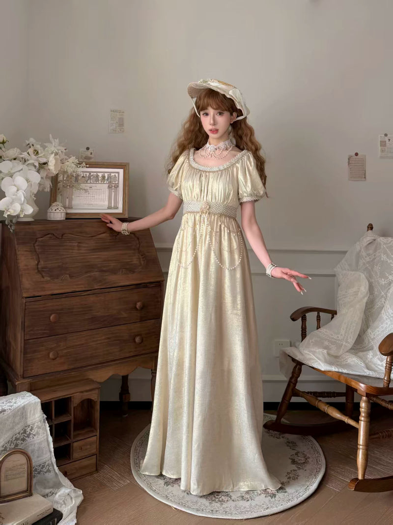Thousand Wood - Moonlight Amber - Long OP Dress with Empire Waist and Beaded Trim