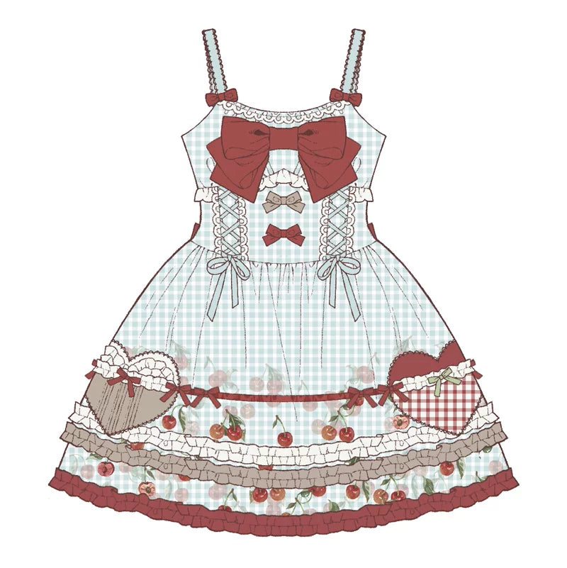 Model wearing a pale gingham cherry JSK dress with red bows.
