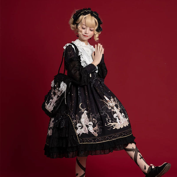 Elegant leopard cat-themed Lolita Fetch OP dress with long sleeves, cute design, perfect for daily wear and special occasions.