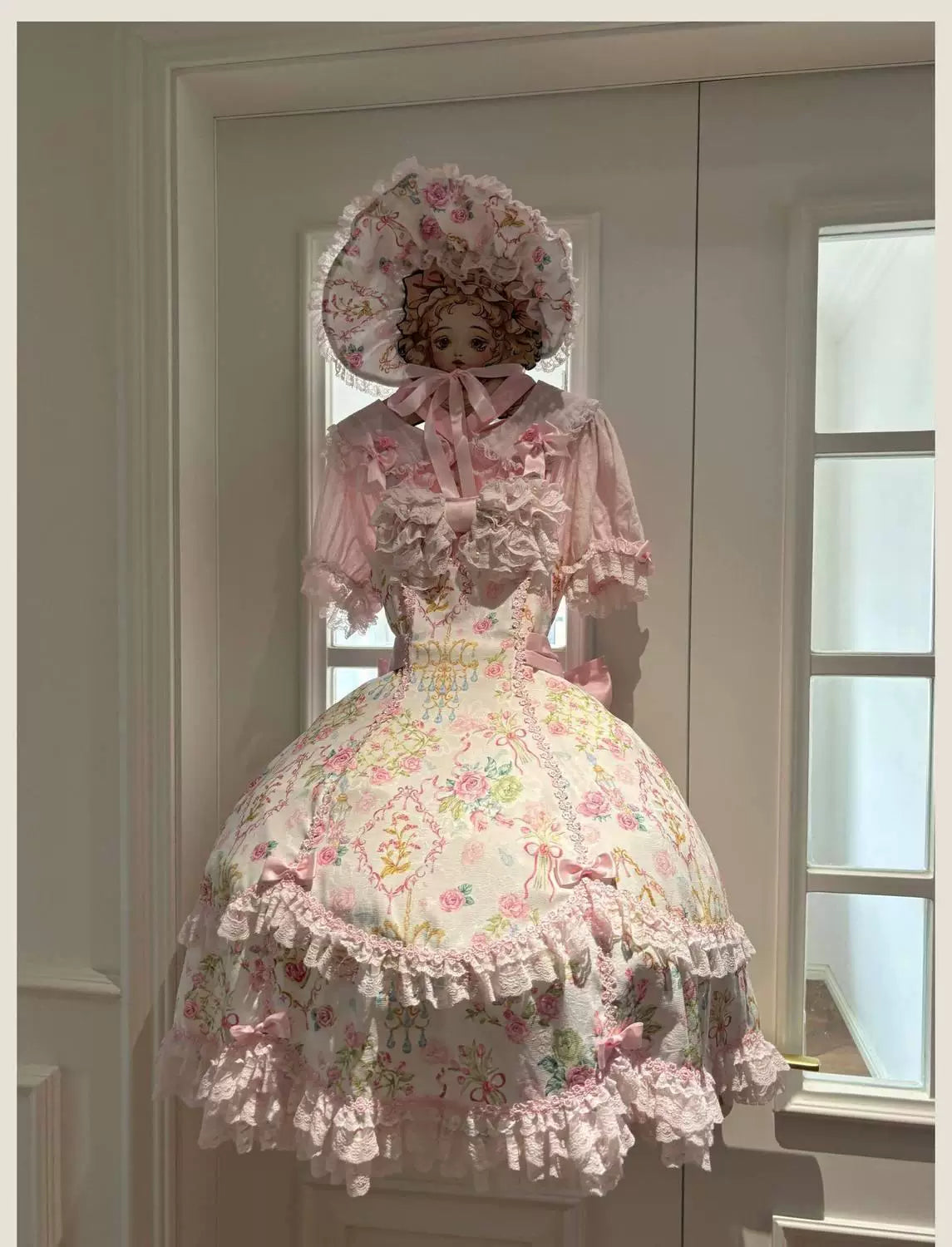 Sweetheart Dream Machine - Vintage Floral Wall - Ruffle-Trimmed Blouse with Doll Collar