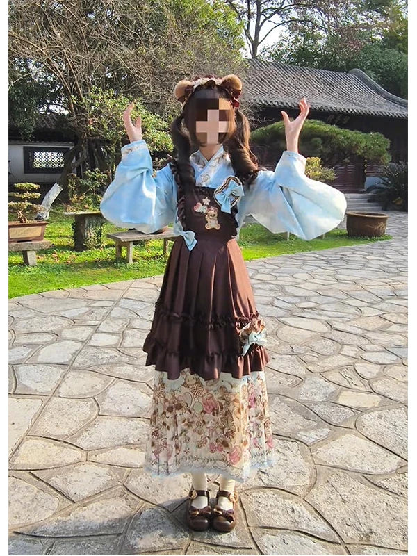 Creamy - Mint Bear Ming-Style Set - Lolita fashion set with a blue top and coffee-colored embroidered overskirt