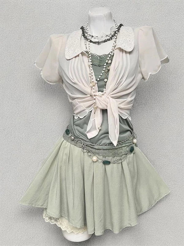Creamy - Mint Lime - Apricot Cardigan Three-Piece Skirt Set