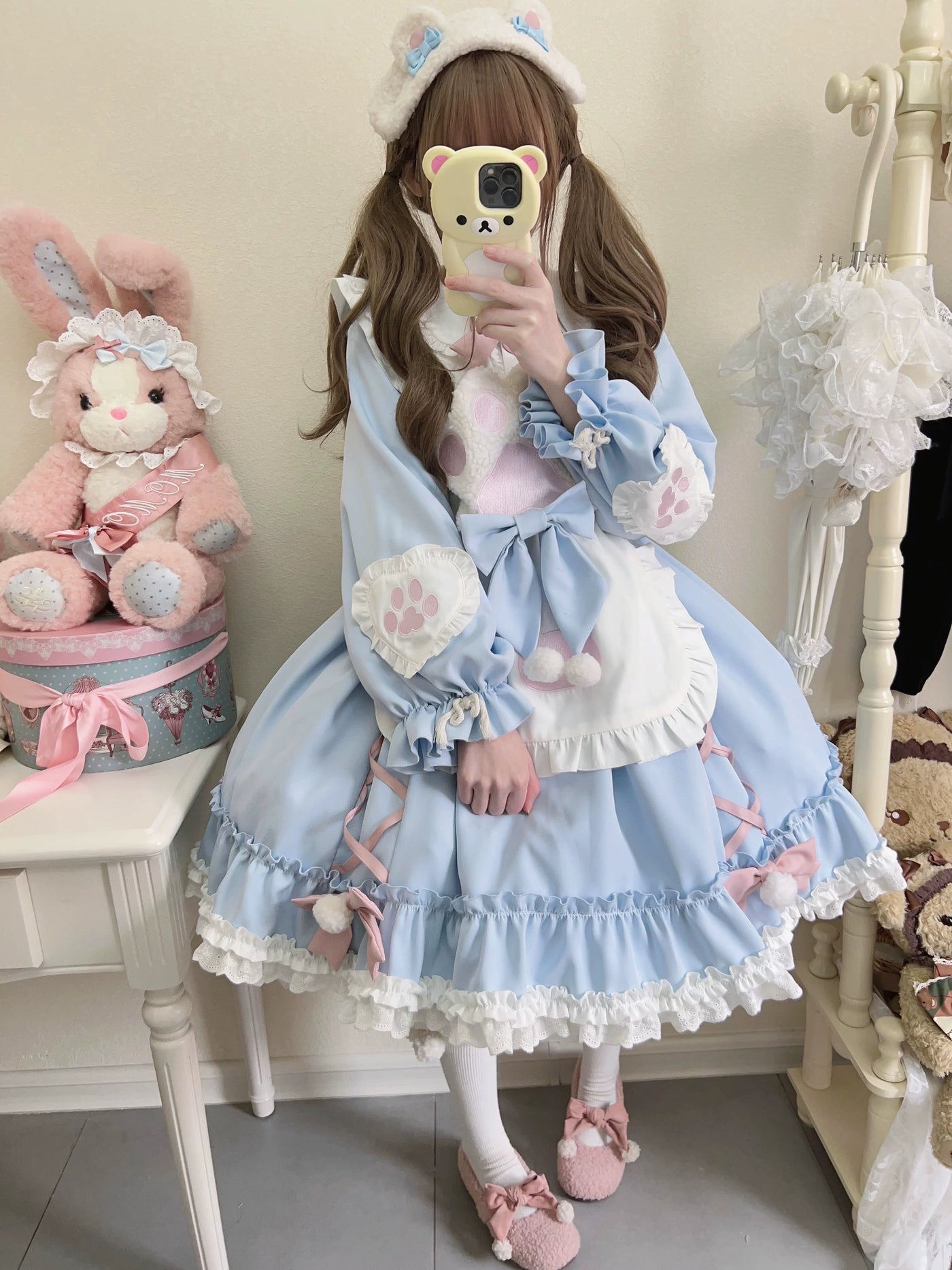 Tata Long Ear - Meow Meow - Blue OP Dress with a Ruffled Apron