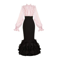 With PUJI - Miss Laura: Long-sleeve Mermaid - Lolita OP Dress, Ruffle Trim - Pink and Black Long-sleeve Dress - Pre-order, ships from Oct 12 / S