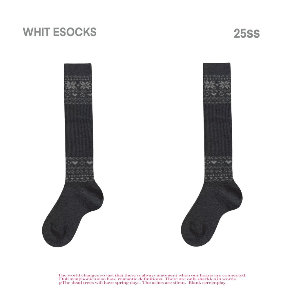 Black Nordic mid-calf socks with Fair Isle-style pattern bands