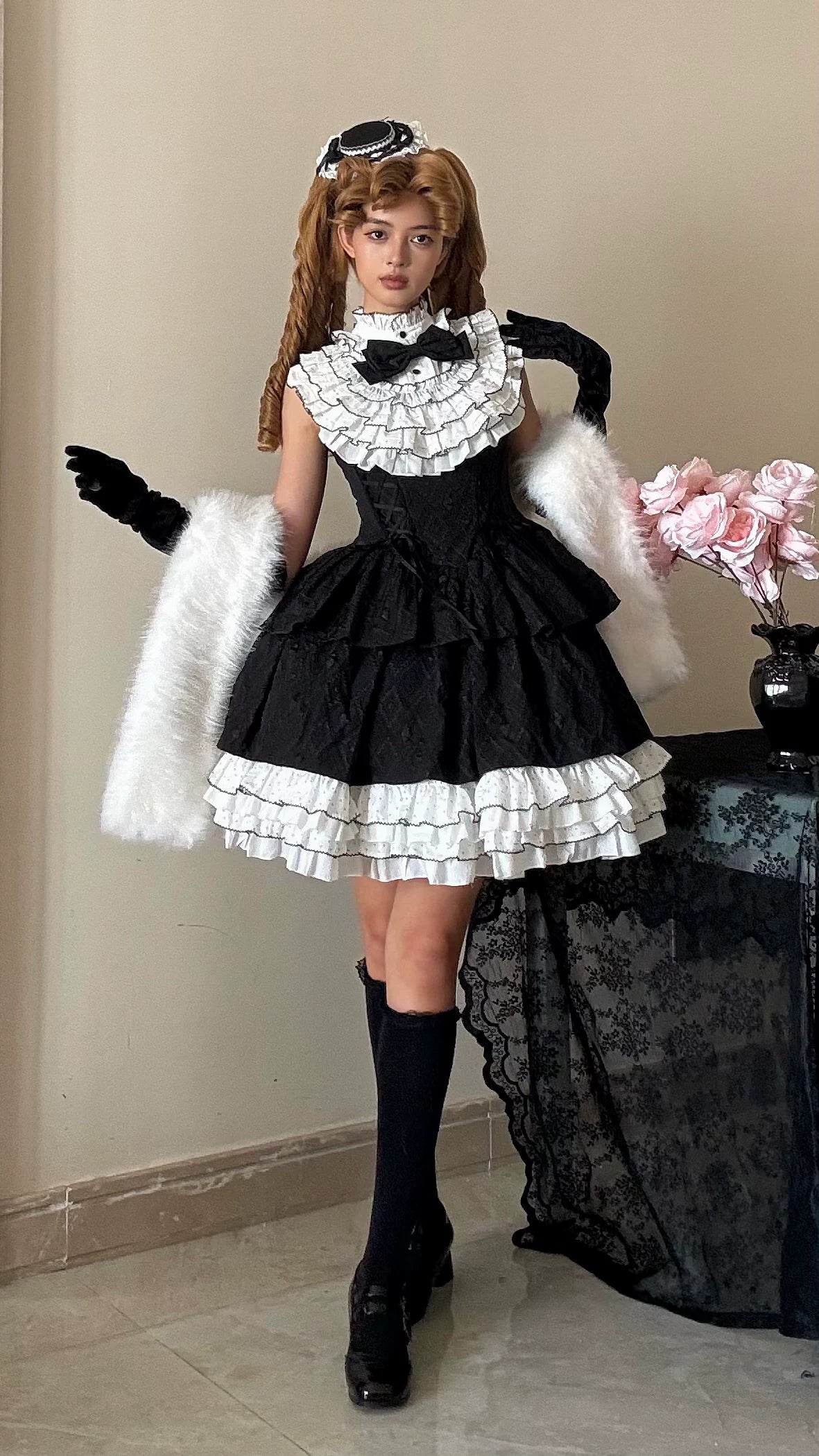 Alice - Black Heiress - Black One-Piece Dress with White Ruffle Collar
