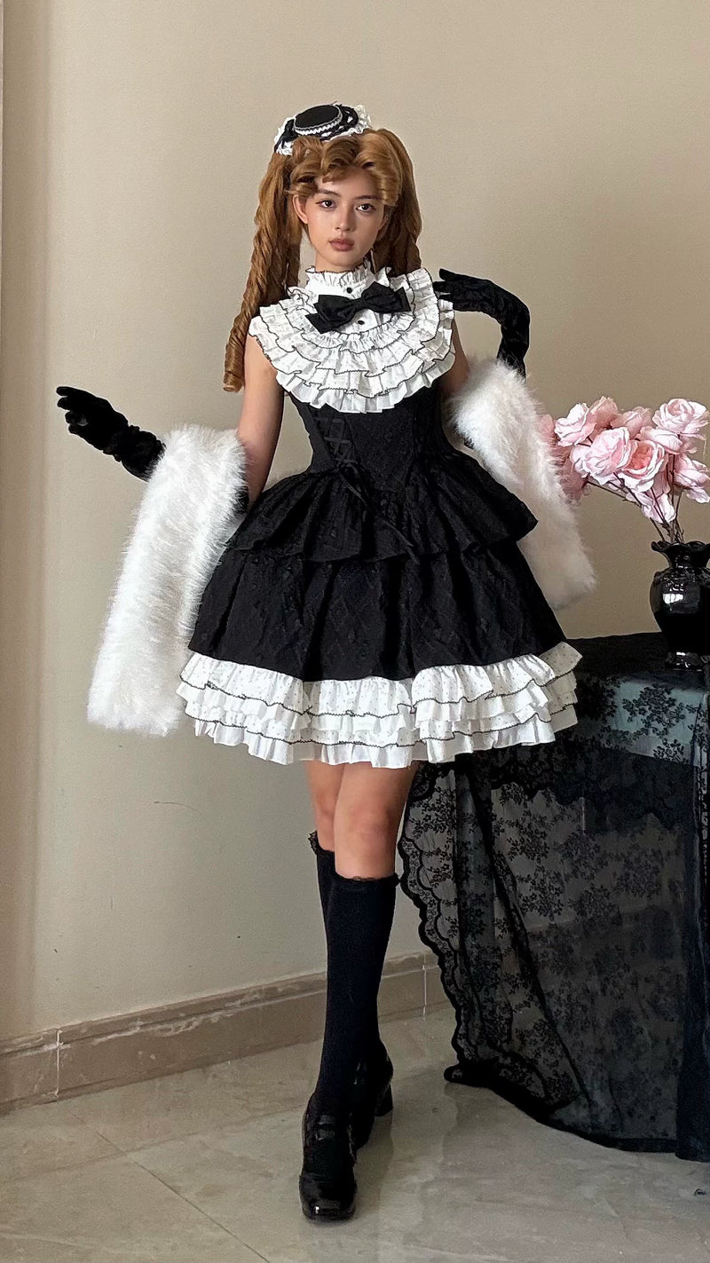 Alice - Black Heiress - Black One-Piece Dress with White Ruffle Collar