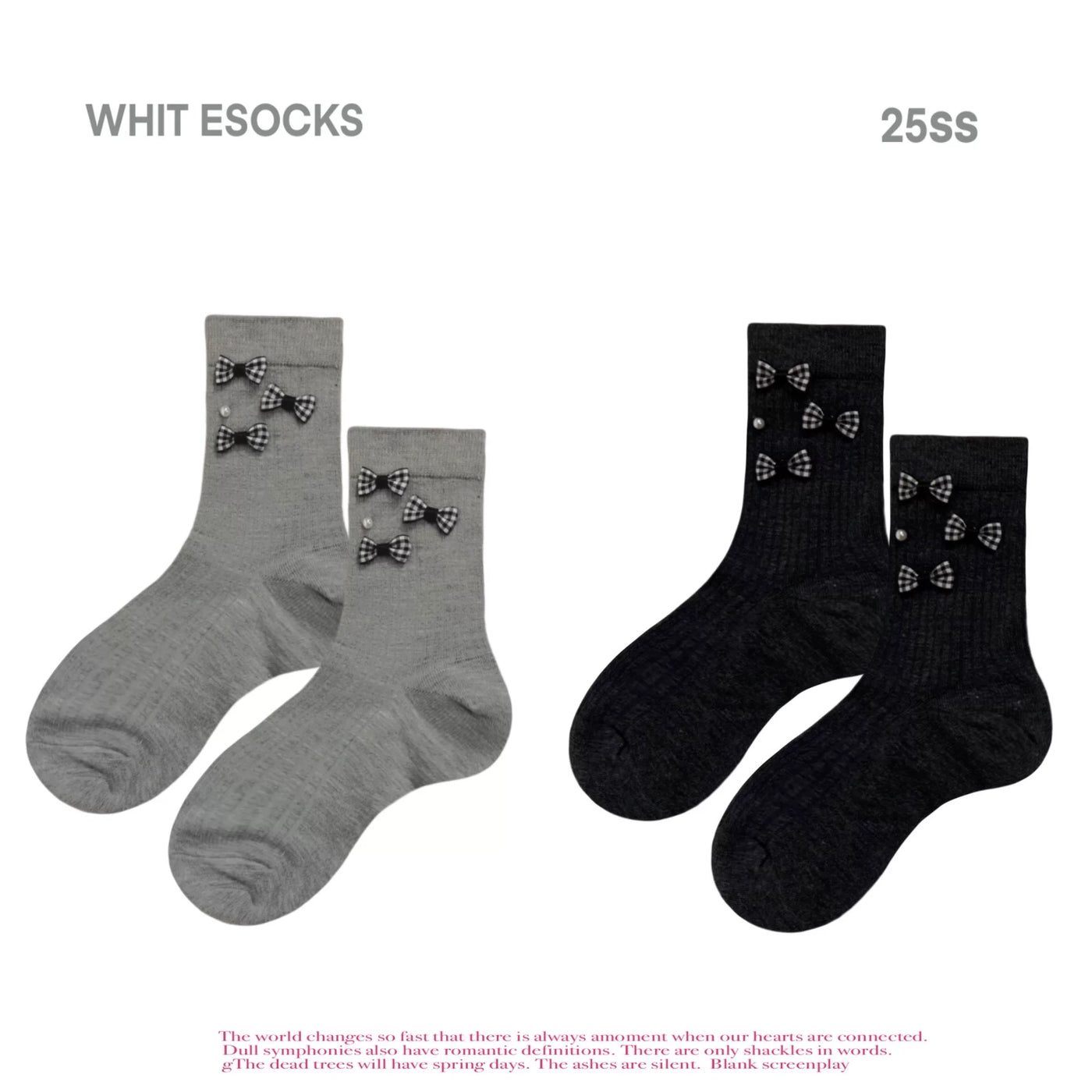 Grey ribbed mid-calf sock with three gingham bow appliqués and pearl studs on lateral side