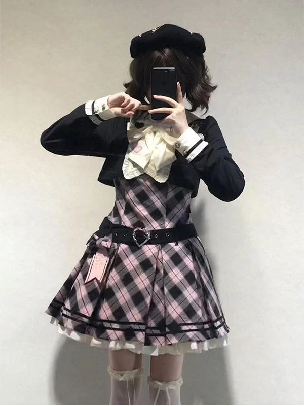 Pink plaid Creamy OP dress with black faux two-piece styling