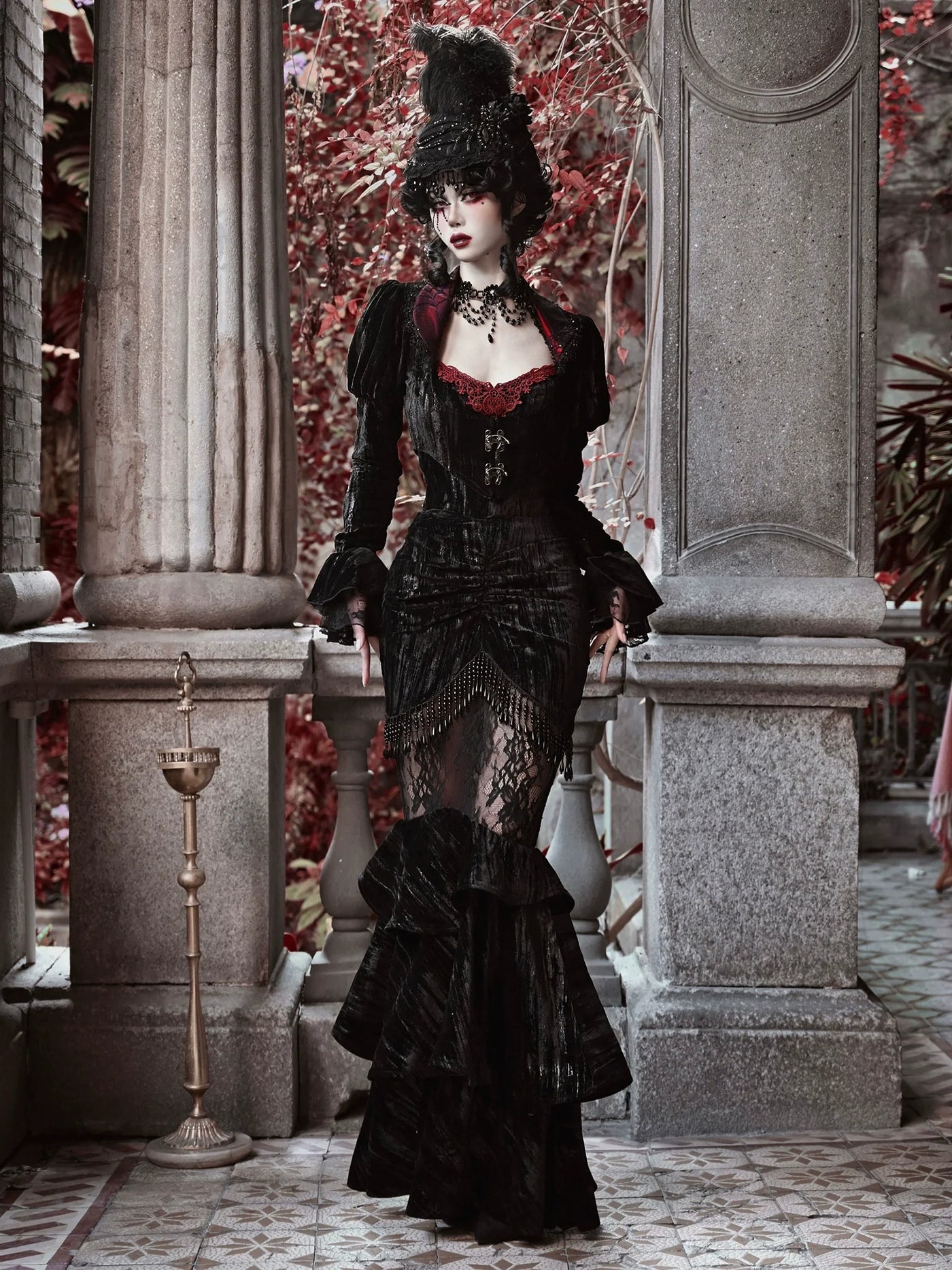 BLOOD SUPPLY - Duchess - Gothic Lolita Velvet Mermaid Skirt with Layered Frills - product detail 5
