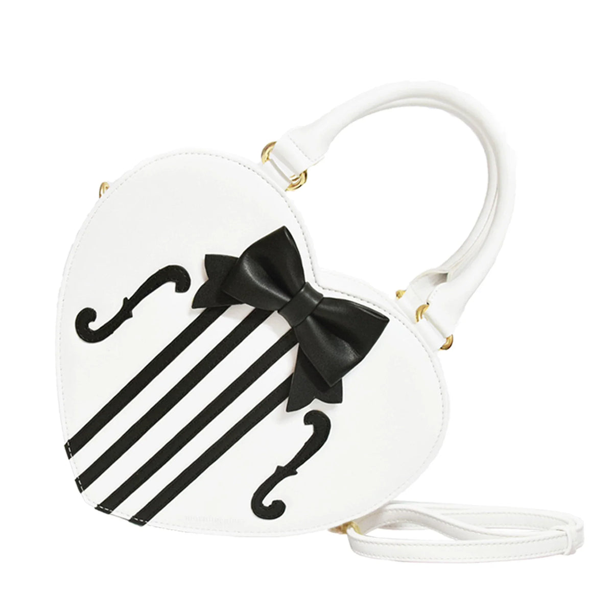 Chocolate heart-shaped Lolita bag with violin strings, bow, and shoulder strap