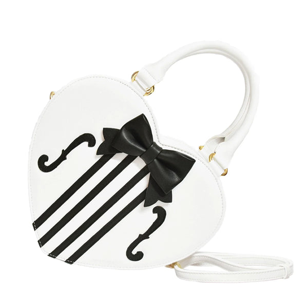 Chocolate heart-shaped Lolita bag with violin strings, bow, and shoulder strap