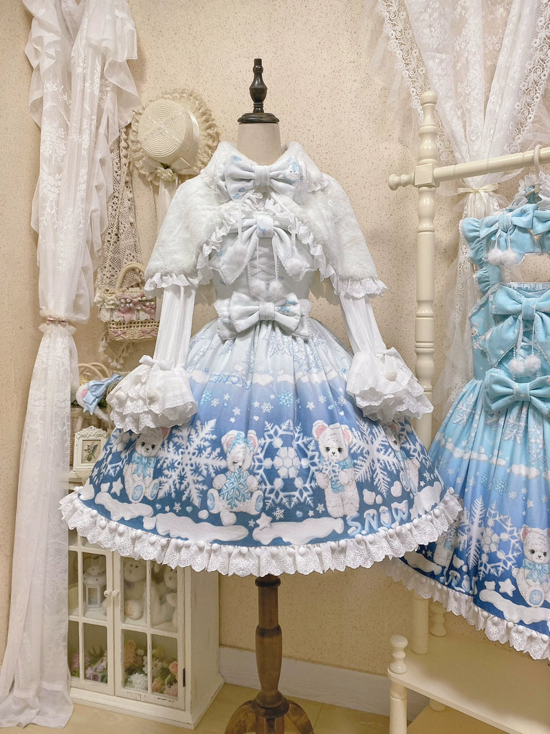 Snowflake Bear Lace-Trim Plush Lolita JSK — White & Blue Full Set 2 - JSK + Blouse + Cape + Headbow (KC)