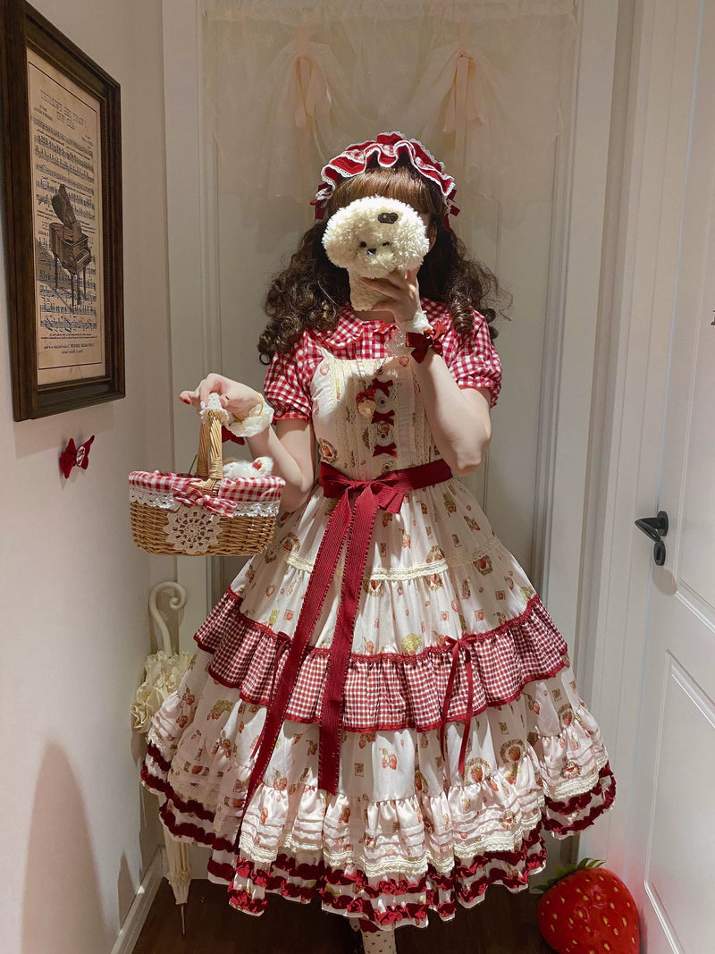 White Tea Story - Strawberry Print Tiered Classical Lolita - Longline