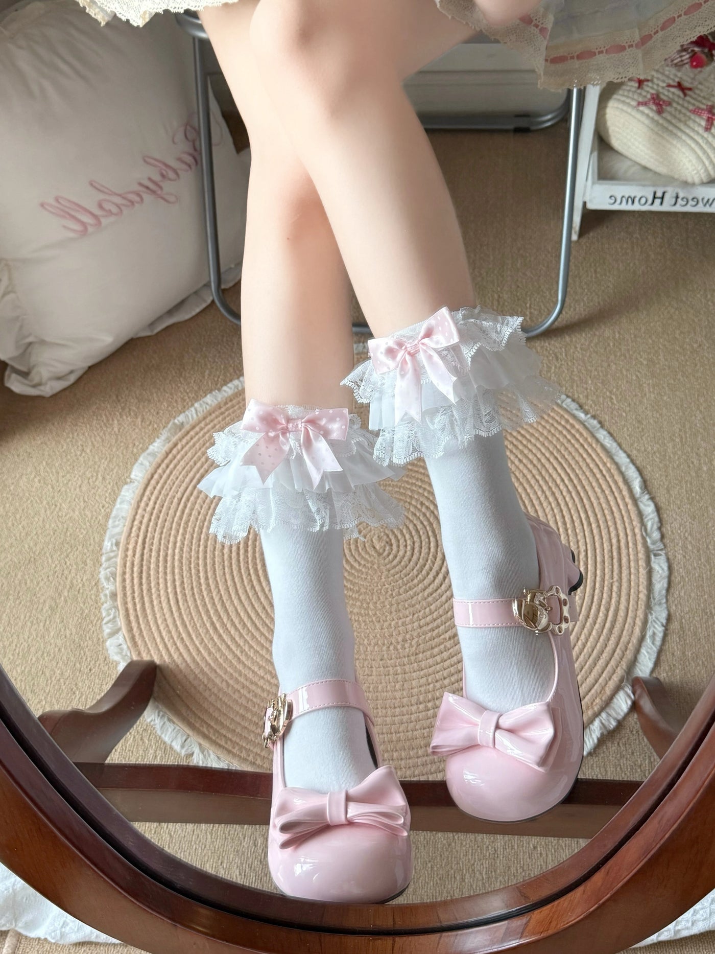 Fantasy Doll - Polka-Dot Ribbon Lace - Mid-Calf Socks with Lace Trim and Bow