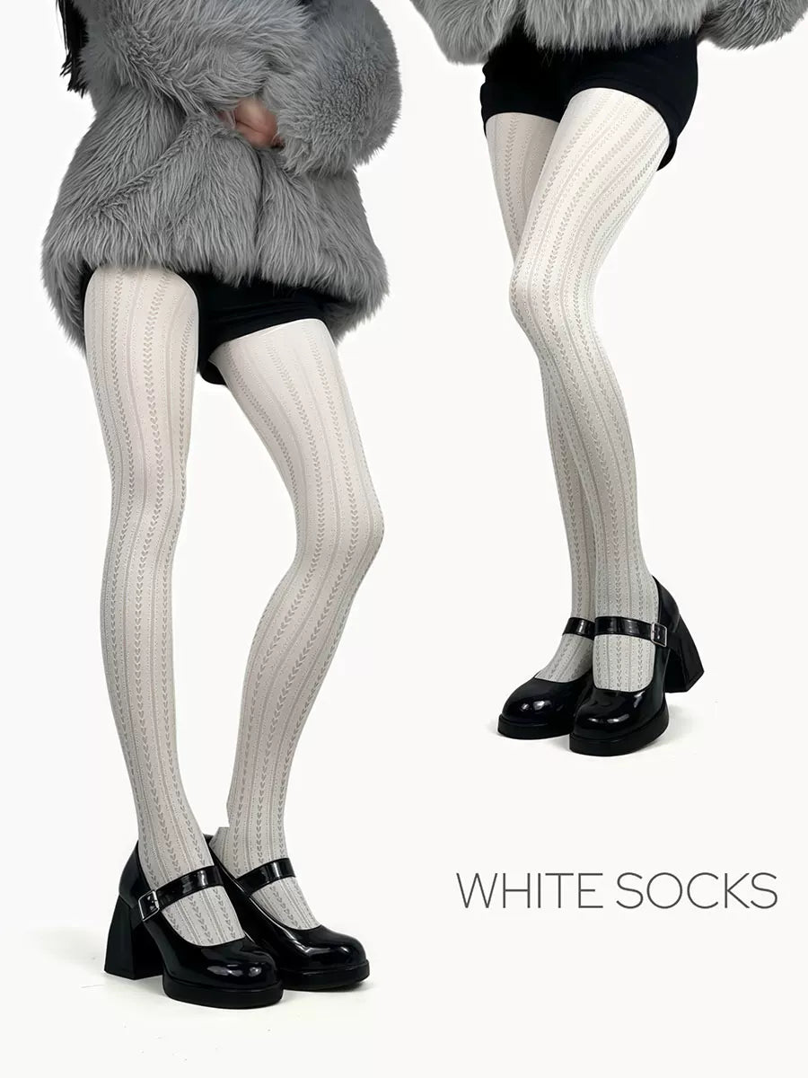 White Socks - Vintage Heart Flower Stripe - Patterned Tights with Heart-and-Flower Stripes