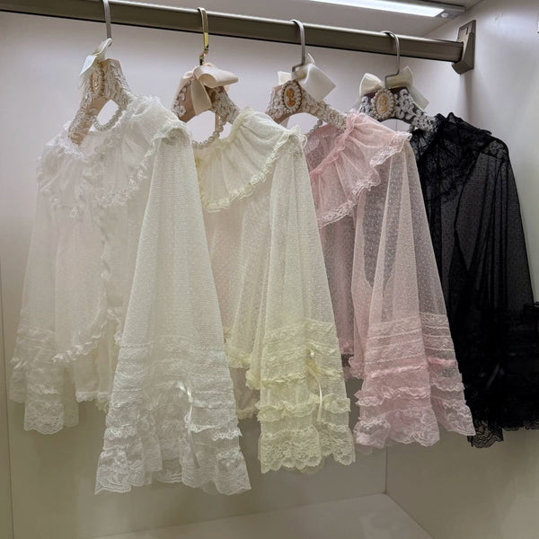 White small size Summer Quartet lolita top with ruffled lace neck and flared cuffs