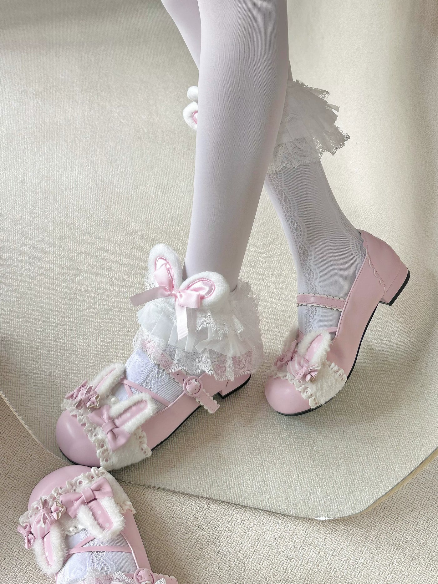 Fantasy Doll - Bunny Ear Frill - White Mid-Calf Socks with Pink Bunny-Ear Cuffs and Lace Trim