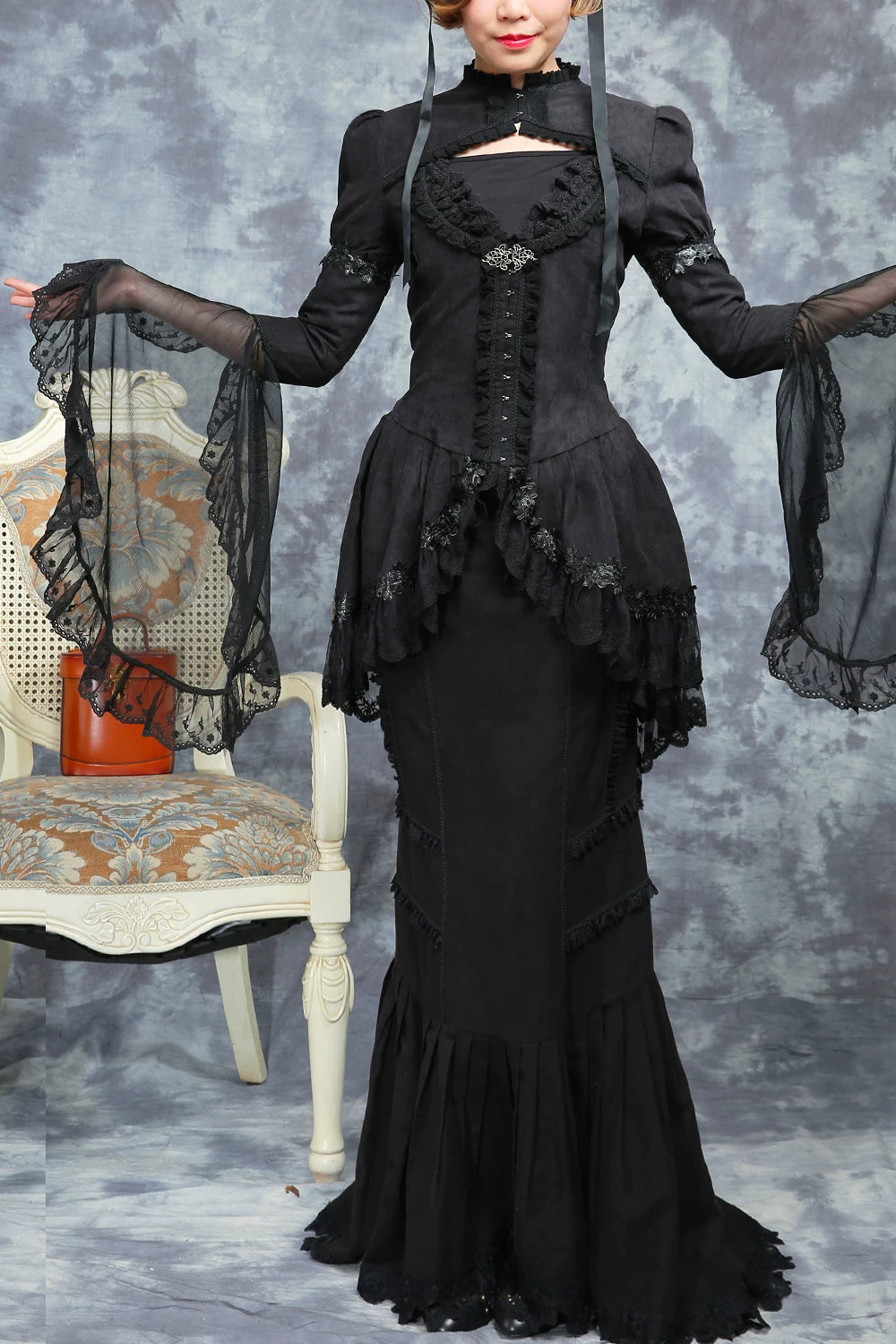 LACE GARDEN - Dark Lace - Black Mesh Outerwear and Mermaid Skirt Set with Lace Trim