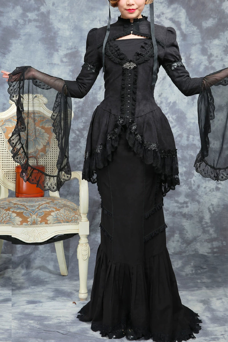 LACE GARDEN - Dark Lace - Black Mesh Outerwear and Mermaid Skirt Set with Lace Trim