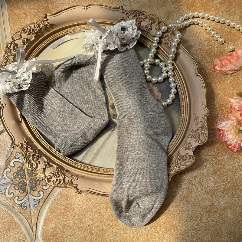 Sock Noble - Embroidered Bow - Cotton Mid-Calf Socks with Double-Layer Lace Cuffs