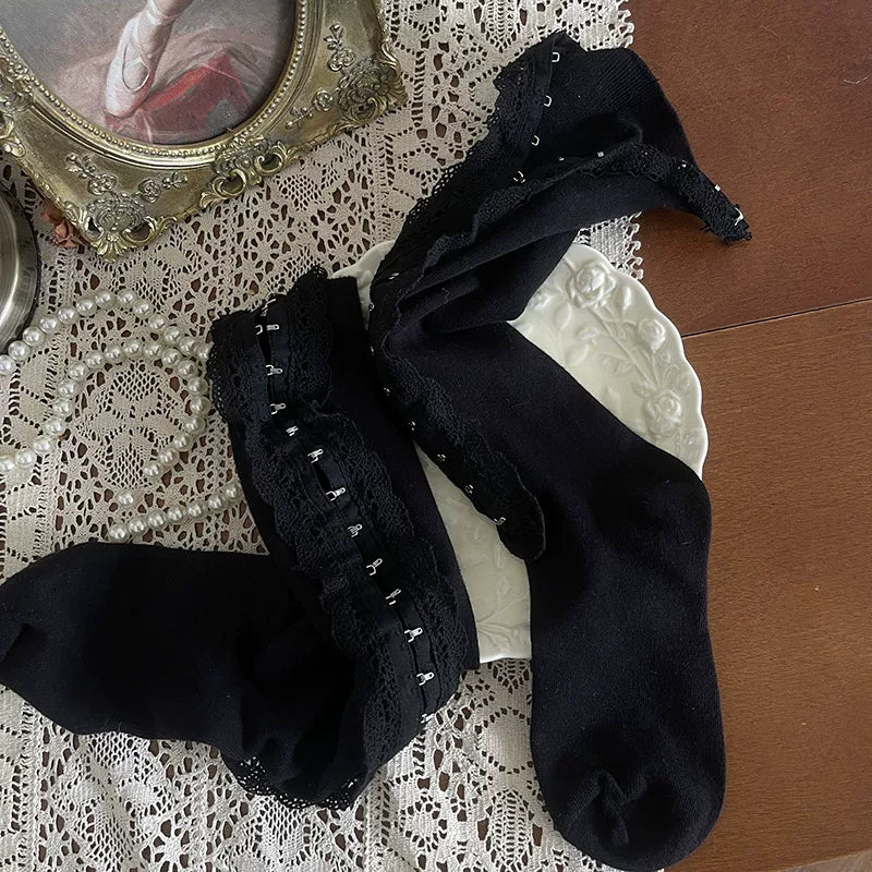 Sock Noble - Camellia Noir - Black socks with lace openwork and buttoned details