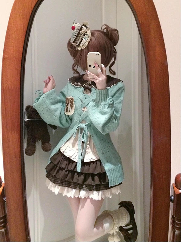 Creamy - Mint Sweet Set - Three-piece Lolita set with a knit jacket