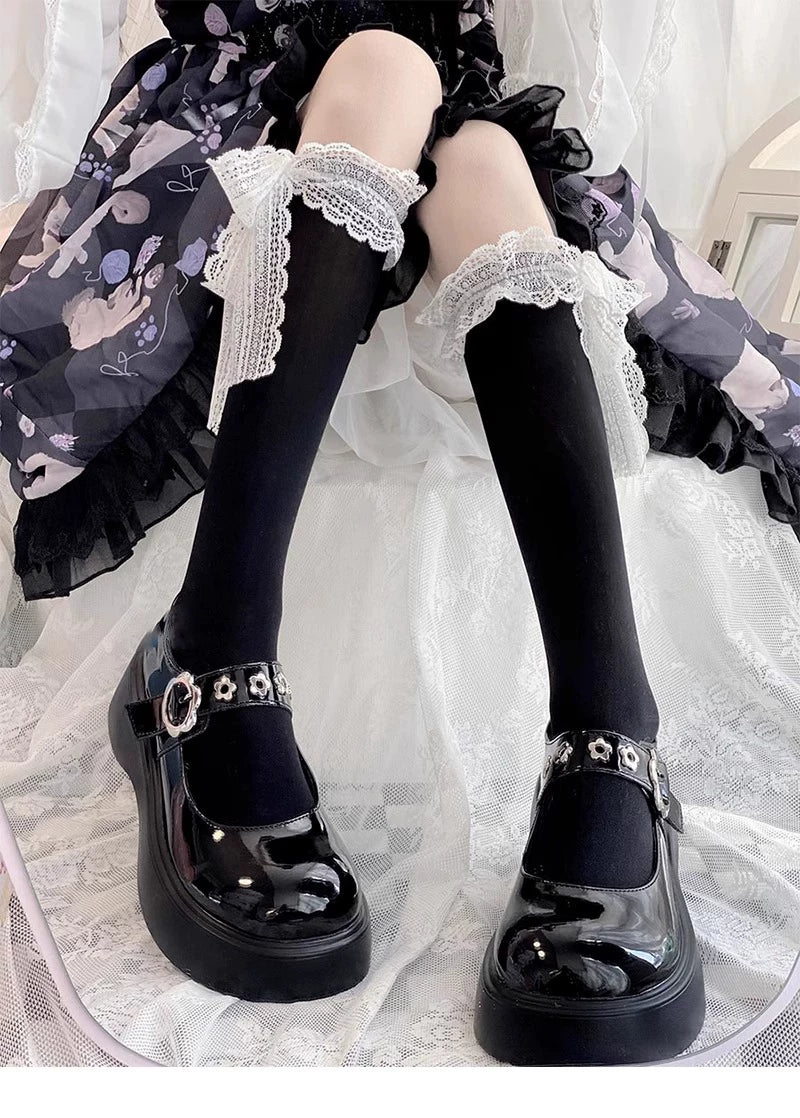 Floral Milk Cat - Lace-Tie Cuff - Thin-Velvet Calf Socks with Lace Trim
