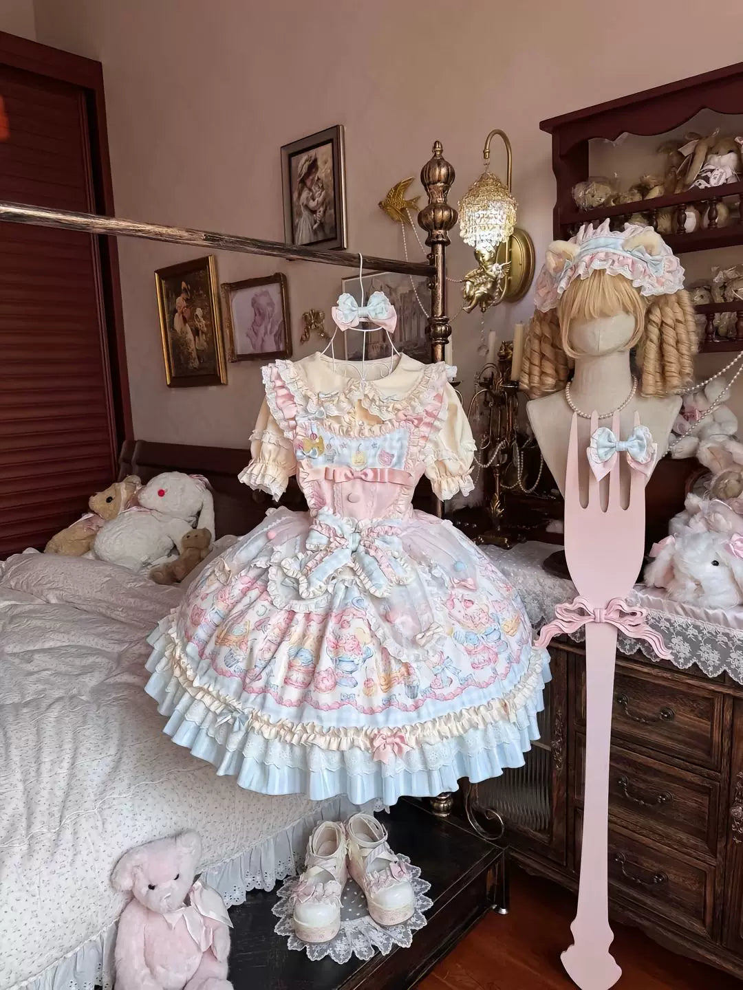 Salty Dots - Sweet Lolita Dessert Print - One-piece dress with tiered