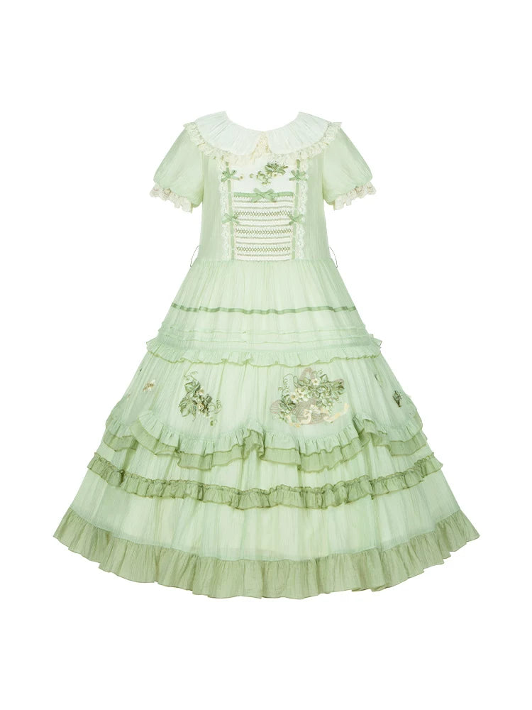 With PUJI - Green Grape - Embroidered Country Lolita OP Dress, Tiered JSK detail view 5
